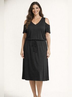 Soft Surroundings midi dress L, 100% cotton, cold shoulder, drawstring waist.